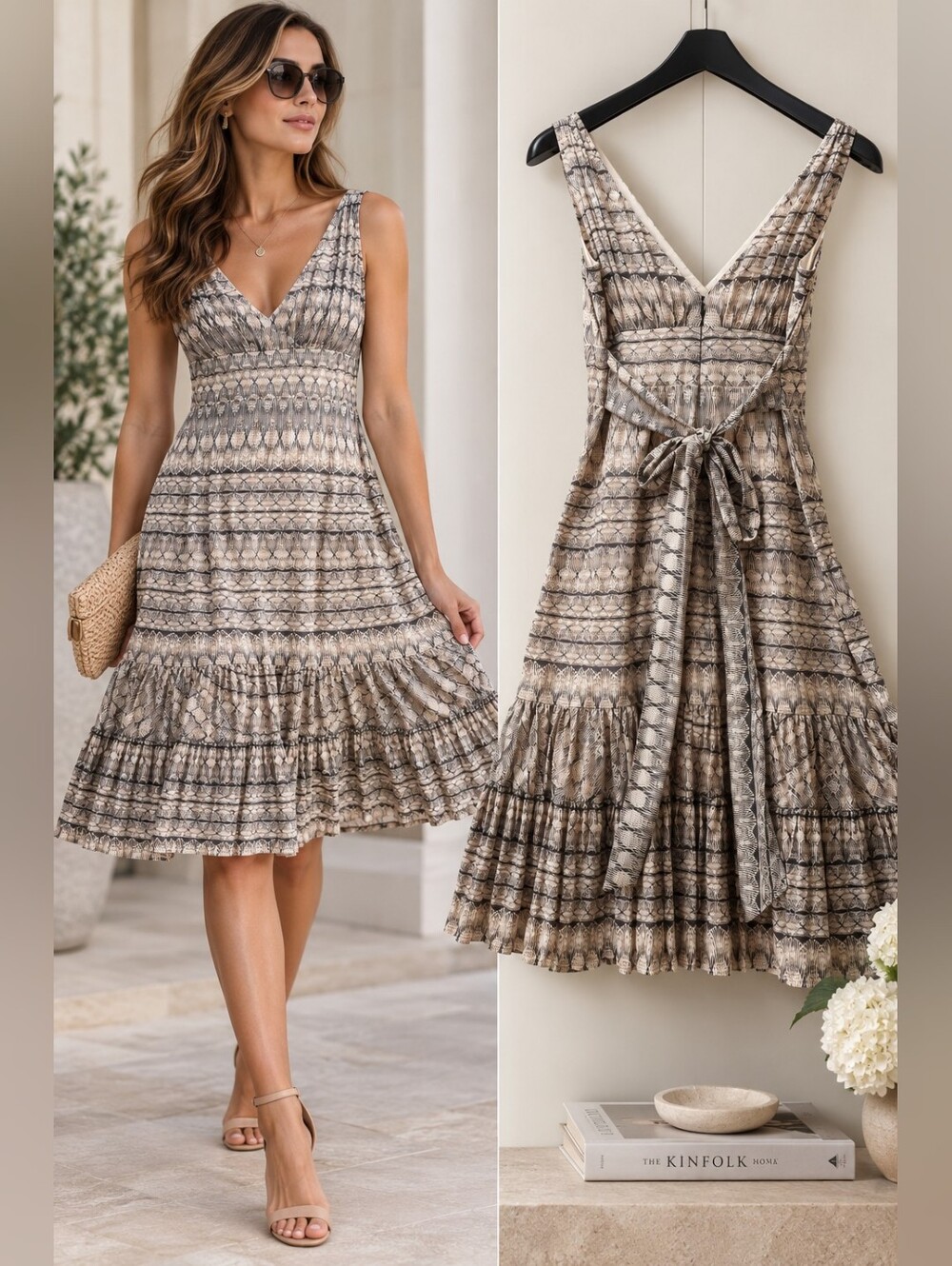 Ted Baker Size 4 Cotton Silk Dress V Neck Tiered Ruffle Abstract Print